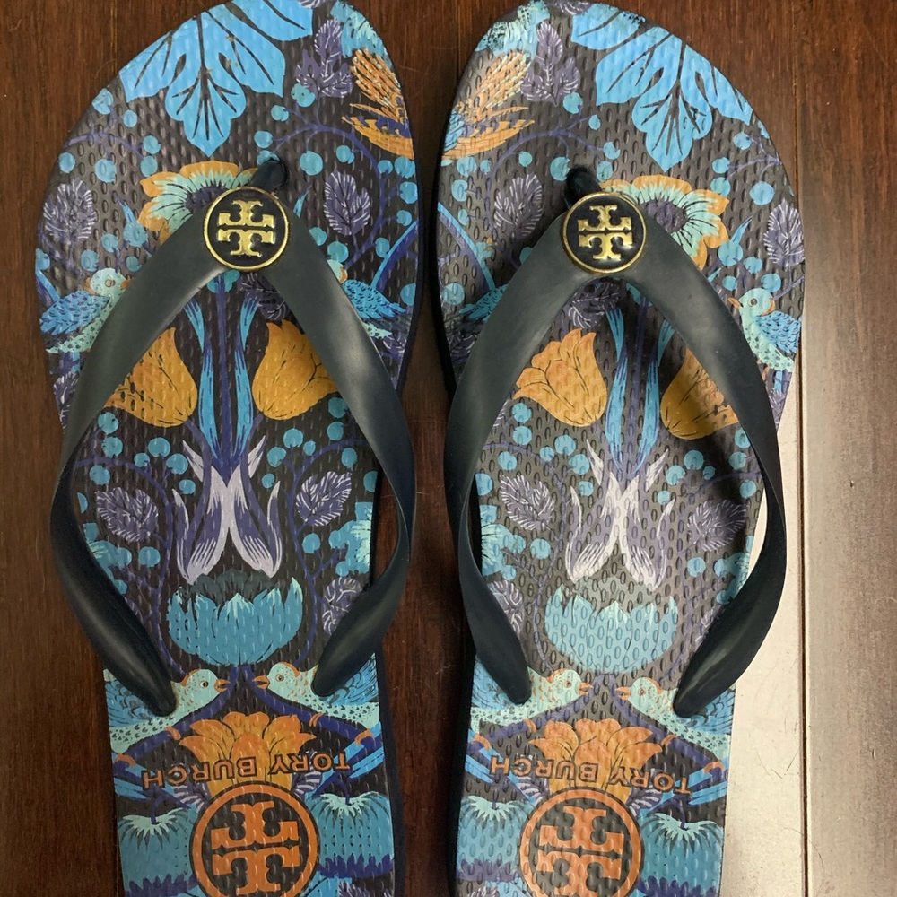 Tory Burch Navy Blue Orange Floral Flip Flops Sz 9
